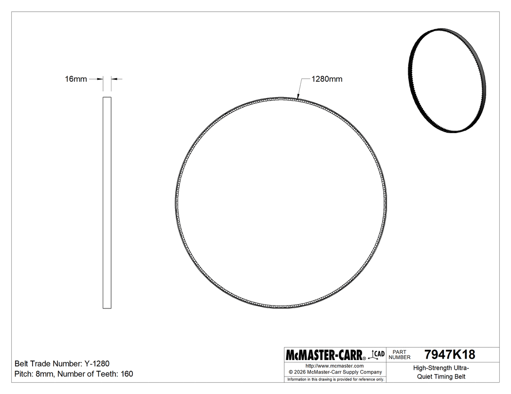 Technical Drawing of High-Strength Ultra-Quiet Timing Belt, Tire Track Teeth, 16 mm Wide, y-1280.